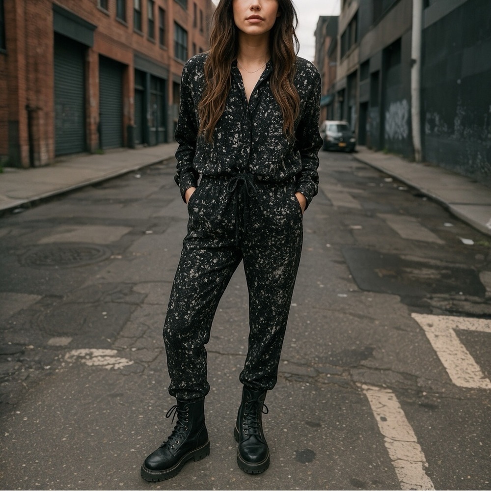 ENZA COSTA Paint Splatter Long Sleeve Carpenter Boilersuit Jumpsuit